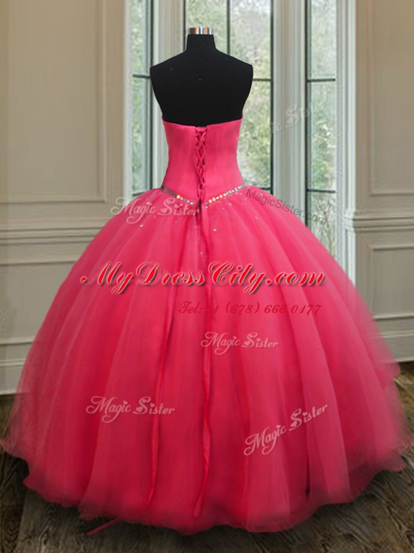 Beading Quince Ball Gowns Coral Red Lace Up Sleeveless Floor Length