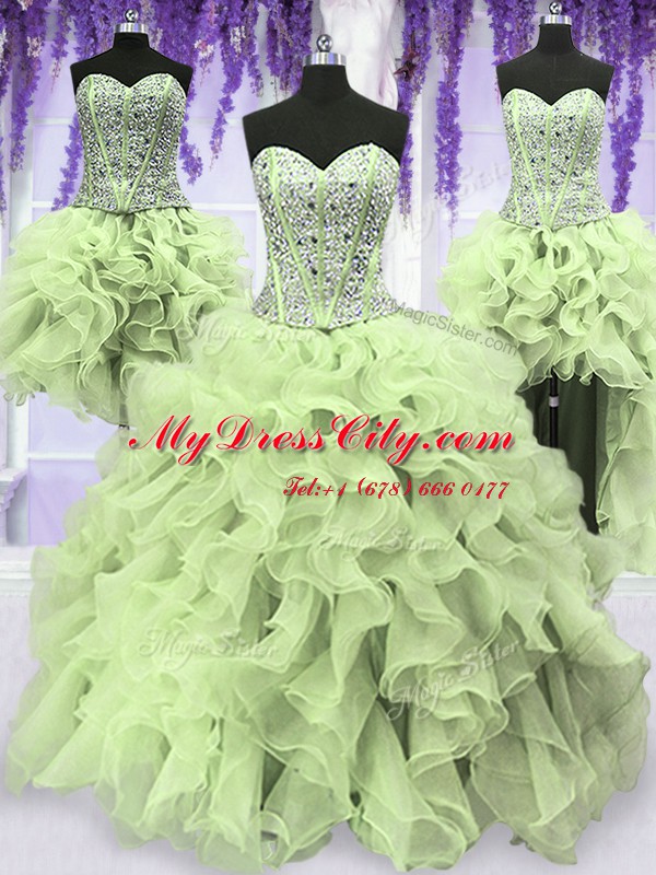 Charming Four Piece Yellow Green Ball Gowns Organza Sweetheart Sleeveless Ruffles and Sequins Floor Length Lace Up Quinceanera Dresses