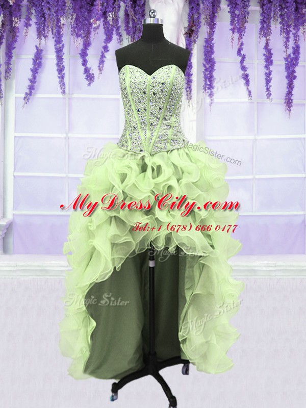 Charming Four Piece Yellow Green Ball Gowns Organza Sweetheart Sleeveless Ruffles and Sequins Floor Length Lace Up Quinceanera Dresses