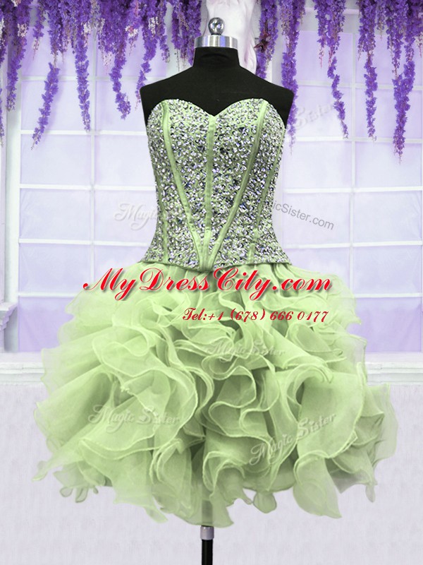 Charming Four Piece Yellow Green Ball Gowns Organza Sweetheart Sleeveless Ruffles and Sequins Floor Length Lace Up Quinceanera Dresses