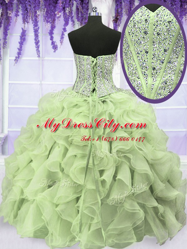 Charming Four Piece Yellow Green Ball Gowns Organza Sweetheart Sleeveless Ruffles and Sequins Floor Length Lace Up Quinceanera Dresses