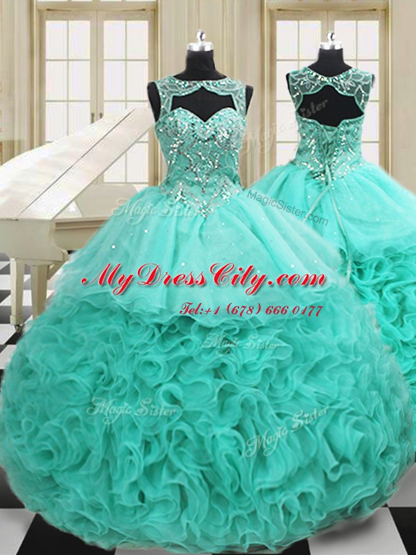 Vintage Scoop Lace Up Sweet 16 Dresses Apple Green for Military Ball and Sweet 16 and Quinceanera with Beading and Ruffles Court Train