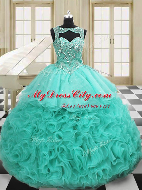 Vintage Scoop Lace Up Sweet 16 Dresses Apple Green for Military Ball and Sweet 16 and Quinceanera with Beading and Ruffles Court Train