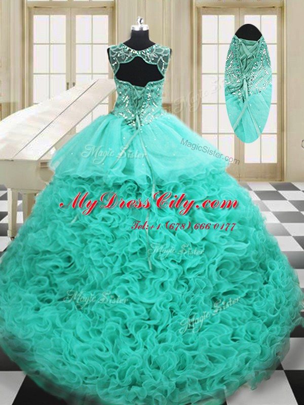 Vintage Scoop Lace Up Sweet 16 Dresses Apple Green for Military Ball and Sweet 16 and Quinceanera with Beading and Ruffles Court Train