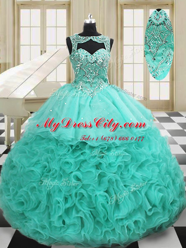 Vintage Scoop Lace Up Sweet 16 Dresses Apple Green for Military Ball and Sweet 16 and Quinceanera with Beading and Ruffles Court Train