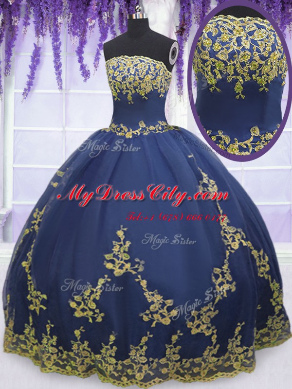 Chic Navy Blue Zipper Quinceanera Gown Appliques Sleeveless Floor Length