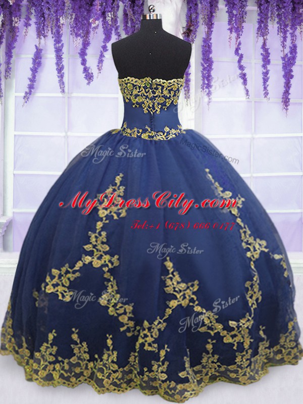 Chic Navy Blue Zipper Quinceanera Gown Appliques Sleeveless Floor Length