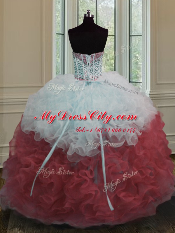 Latest Sleeveless Organza Floor Length Lace Up Sweet 16 Dresses in White And Red with Beading and Ruffles