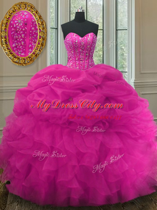 Extravagant Pick Ups Fuchsia Sleeveless Organza Lace Up 15th Birthday Dress for Military Ball and Sweet 16 and Quinceanera