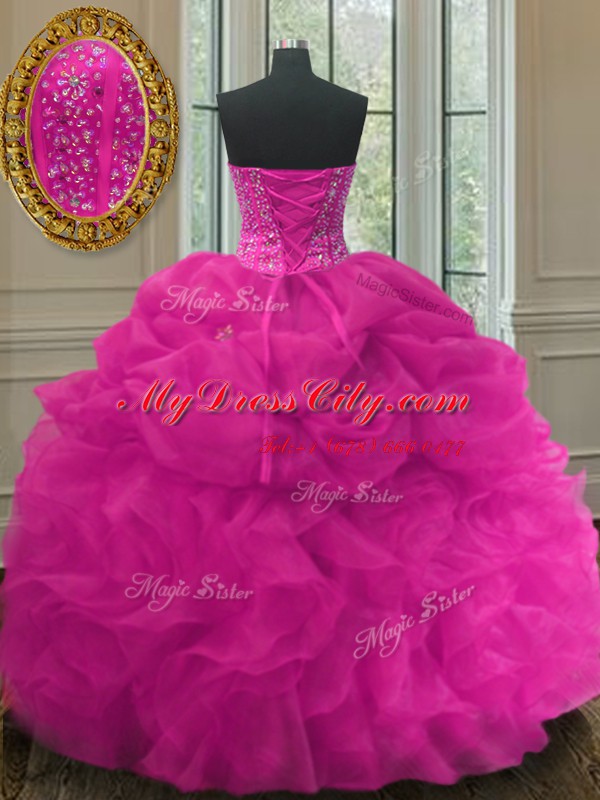 Extravagant Pick Ups Fuchsia Sleeveless Organza Lace Up 15th Birthday Dress for Military Ball and Sweet 16 and Quinceanera