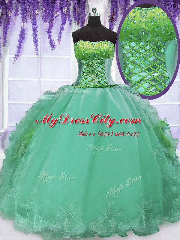 New Arrival Turquoise 15th Birthday Dress Military Ball and Sweet 16 and Quinceanera and For with Embroidery and Ruffles Strapless Sleeveless Lace Up