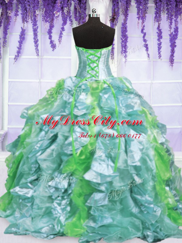 New Arrival Turquoise 15th Birthday Dress Military Ball and Sweet 16 and Quinceanera and For with Embroidery and Ruffles Strapless Sleeveless Lace Up