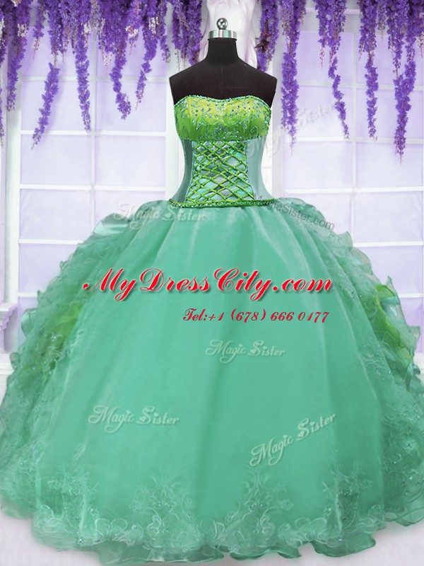 New Arrival Turquoise 15th Birthday Dress Military Ball and Sweet 16 and Quinceanera and For with Embroidery and Ruffles Strapless Sleeveless Lace Up