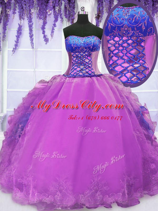 Lovely Organza Strapless Sleeveless Lace Up Embroidery and Ruffles Sweet 16 Dress in Purple