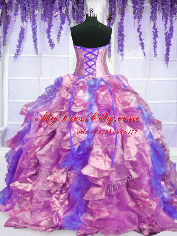 Lovely Organza Strapless Sleeveless Lace Up Embroidery and Ruffles Sweet 16 Dress in Purple