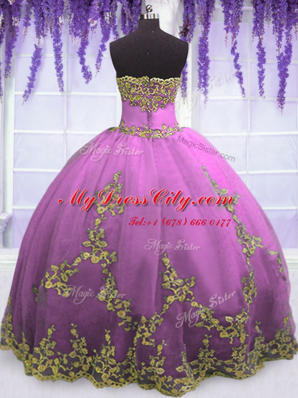 Lovely Strapless Sleeveless Sweet 16 Dress Floor Length Appliques Fuchsia Tulle