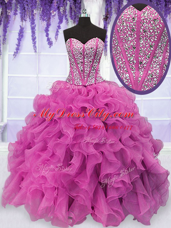 Hot Pink Ball Gowns Sweetheart Sleeveless Organza Floor Length Lace Up Beading and Ruffles Quinceanera Gowns