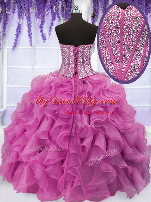 Hot Pink Ball Gowns Sweetheart Sleeveless Organza Floor Length Lace Up Beading and Ruffles Quinceanera Gowns