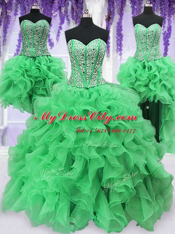 High End Four Piece Sweetheart Sleeveless Lace Up Ball Gown Prom Dress Green Organza