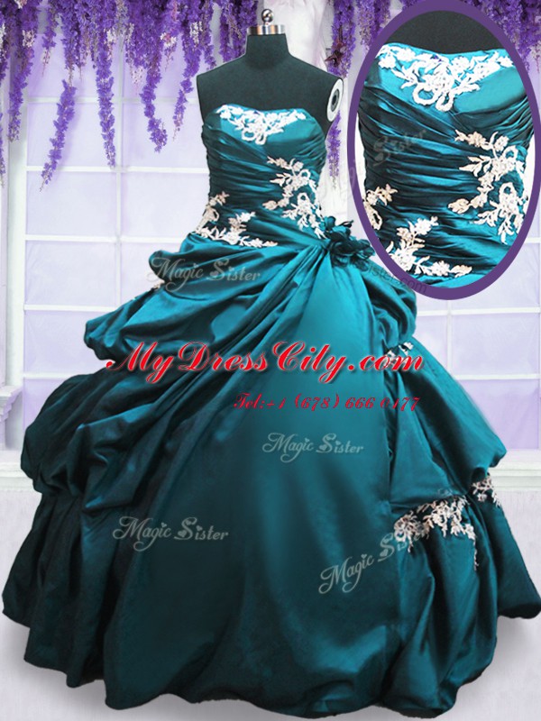 New Arrival Taffeta Sleeveless Floor Length Quinceanera Gowns and Appliques and Pick Ups