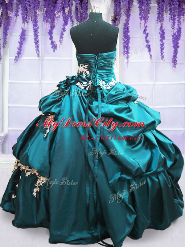 New Arrival Taffeta Sleeveless Floor Length Quinceanera Gowns and Appliques and Pick Ups