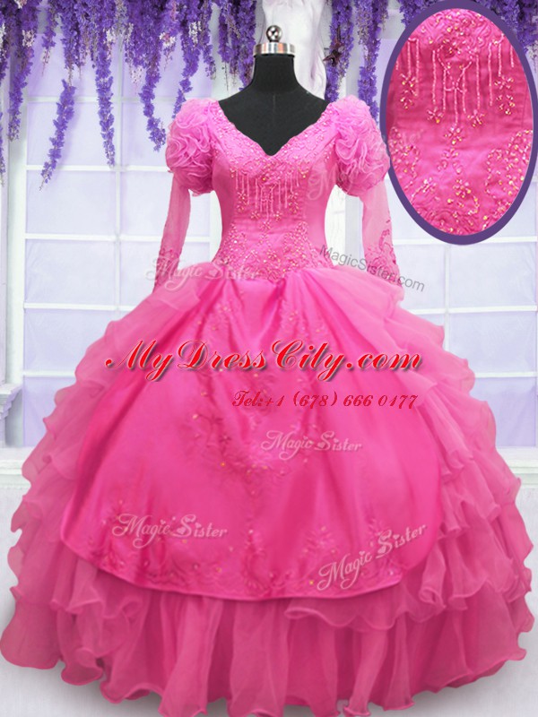 Vintage Hot Pink Lace Up Sweet 16 Dress Beading and Embroidery and Hand Made Flower Long Sleeves Floor Length