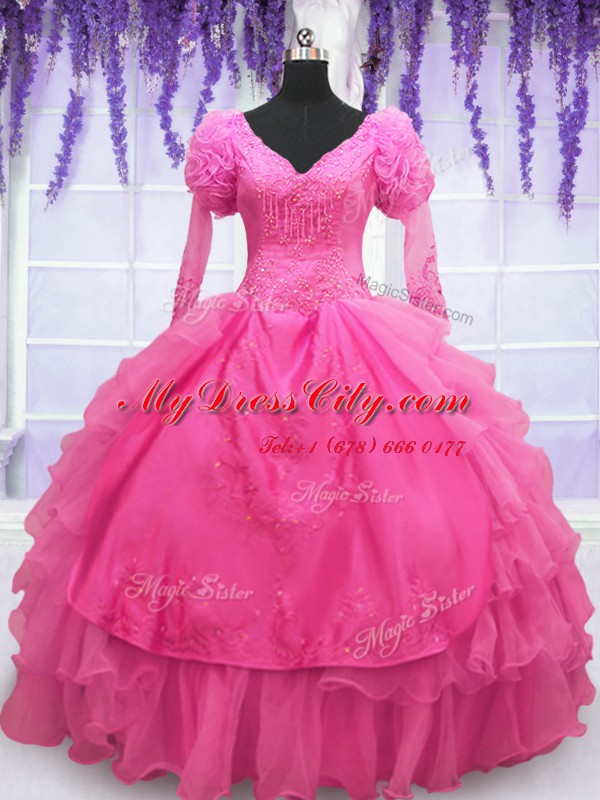 Vintage Hot Pink Lace Up Sweet 16 Dress Beading and Embroidery and Hand Made Flower Long Sleeves Floor Length