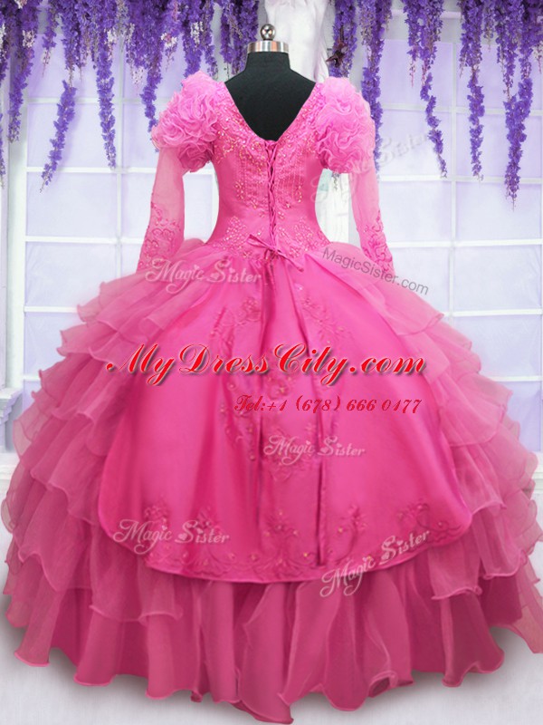 Vintage Hot Pink Lace Up Sweet 16 Dress Beading and Embroidery and Hand Made Flower Long Sleeves Floor Length