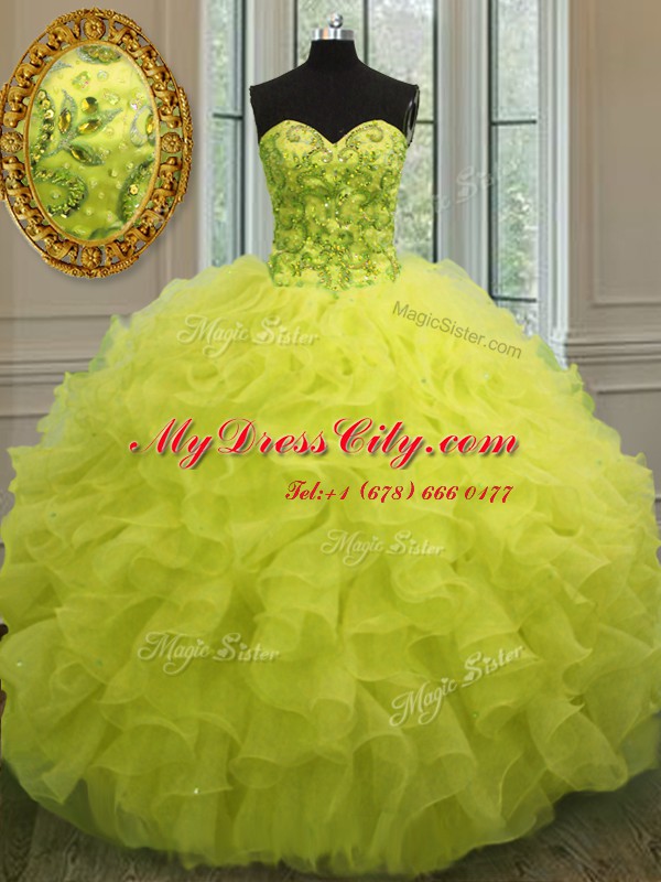 Yellow Lace Up Sweetheart Beading and Ruffles 15th Birthday Dress Organza Sleeveless