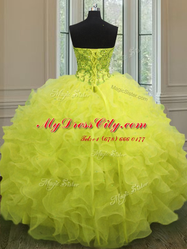 Yellow Lace Up Sweetheart Beading and Ruffles 15th Birthday Dress Organza Sleeveless