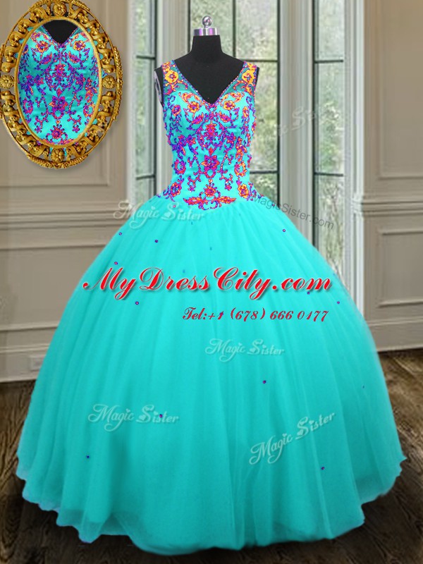 Unique Aqua Blue Sleeveless Floor Length Beading Zipper 15 Quinceanera Dress