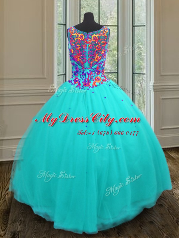 Unique Aqua Blue Sleeveless Floor Length Beading Zipper 15 Quinceanera Dress