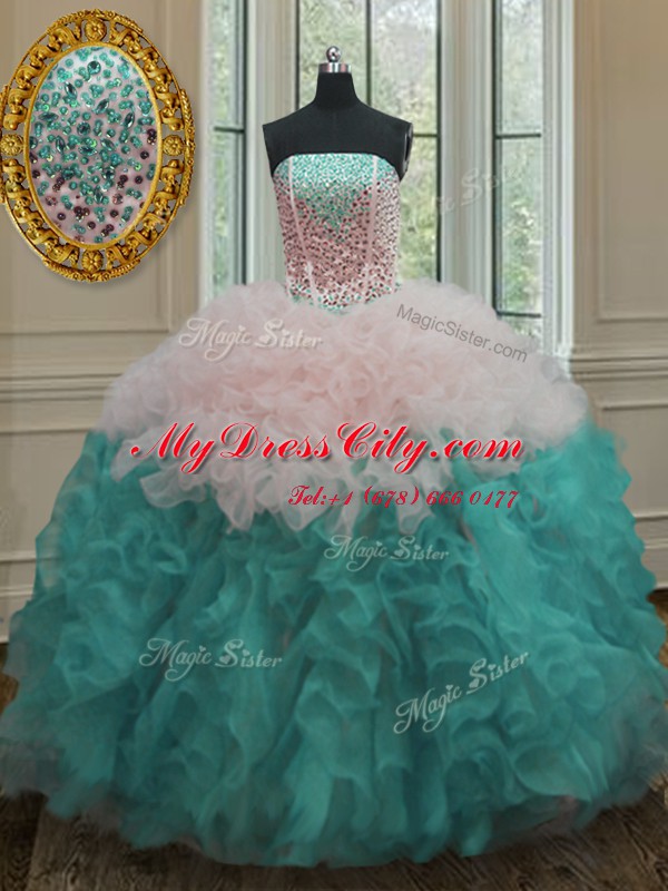 Dazzling Multi-color Lace Up Quinceanera Gowns Beading and Ruffles Sleeveless Floor Length