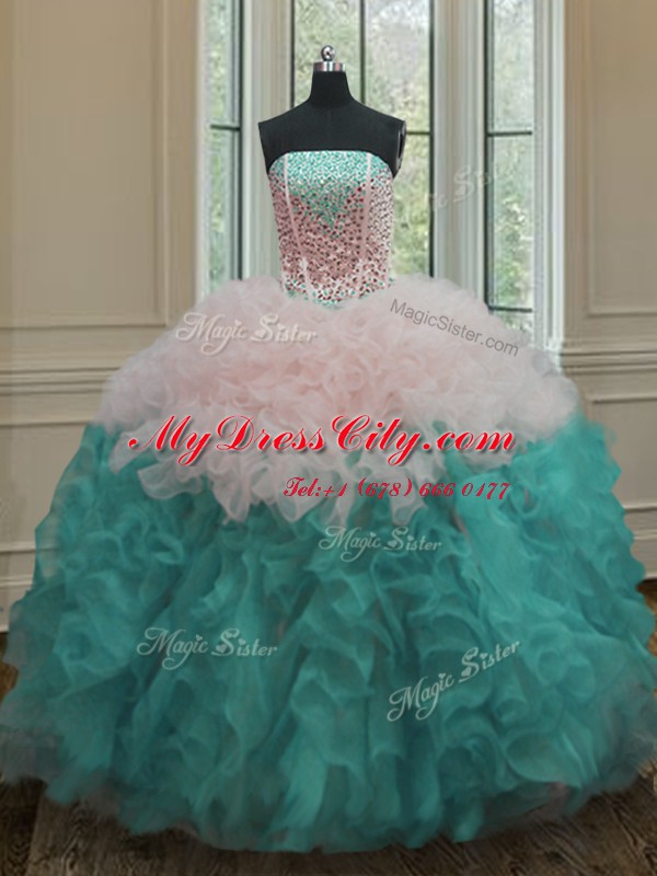 Dazzling Multi-color Lace Up Quinceanera Gowns Beading and Ruffles Sleeveless Floor Length