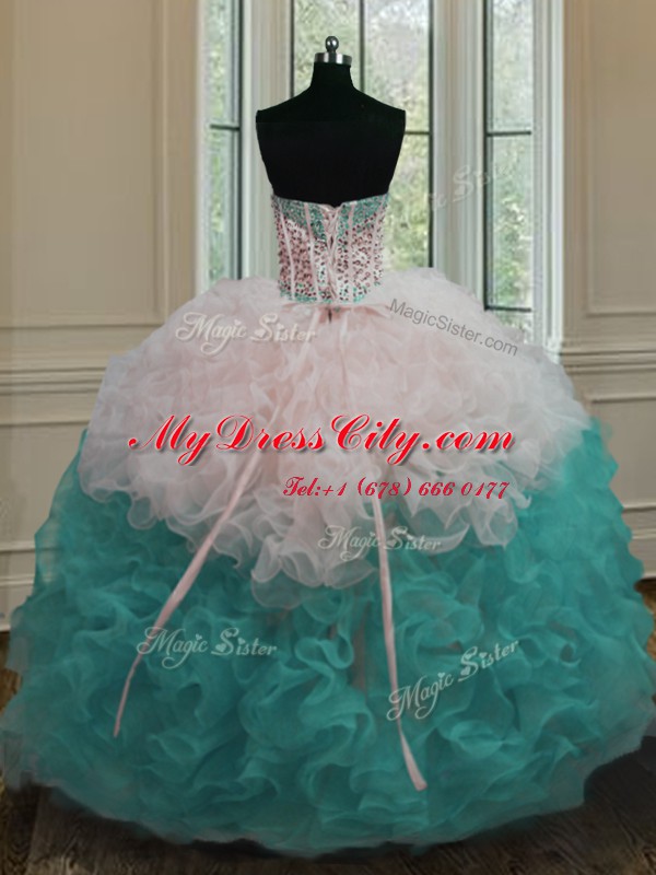 Dazzling Multi-color Lace Up Quinceanera Gowns Beading and Ruffles Sleeveless Floor Length