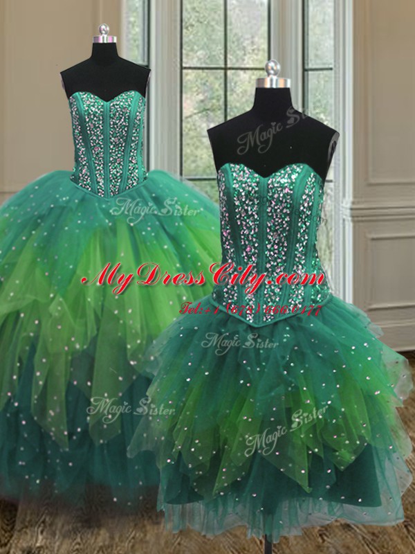 Sumptuous Three Piece Floor Length Multi-color Sweet 16 Quinceanera Dress Tulle Sleeveless Beading