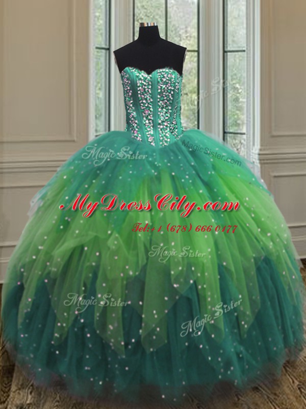 Sumptuous Three Piece Floor Length Multi-color Sweet 16 Quinceanera Dress Tulle Sleeveless Beading