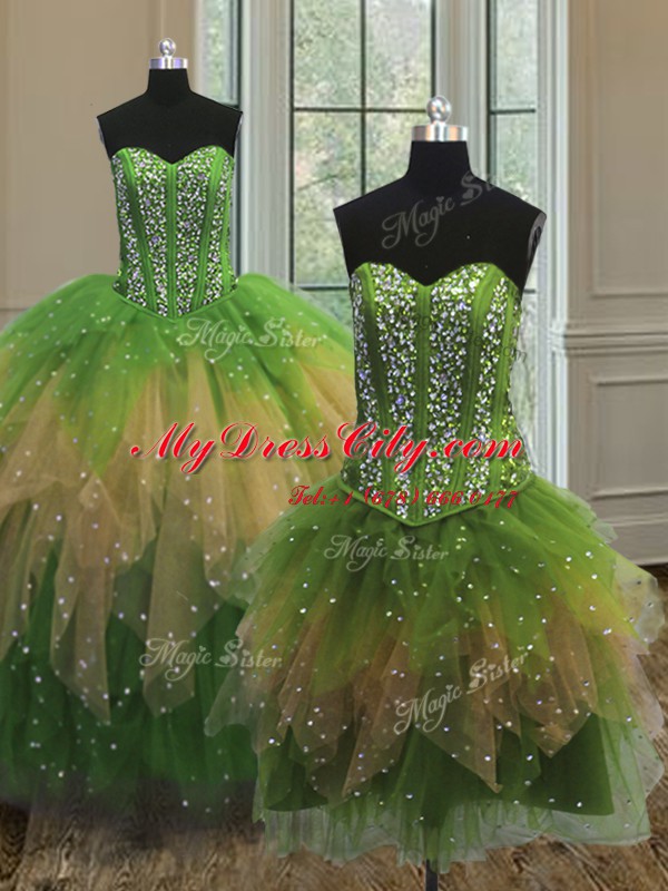 Three Piece Ball Gowns Vestidos de Quinceanera Multi-color Sweetheart Tulle Sleeveless Floor Length Lace Up