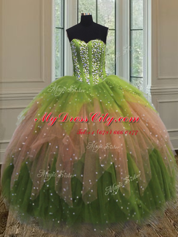 Three Piece Ball Gowns Vestidos de Quinceanera Multi-color Sweetheart Tulle Sleeveless Floor Length Lace Up