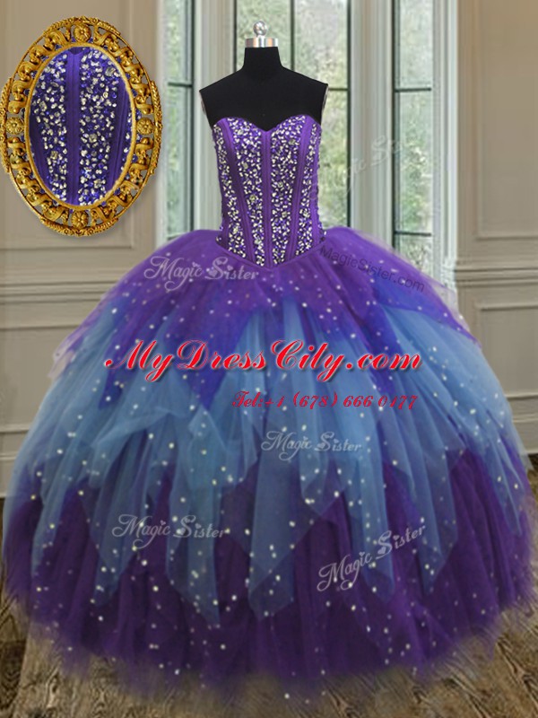 Artistic Sleeveless Lace Up Floor Length Beading and Ruffles and Sequins Sweet 16 Quinceanera Dress