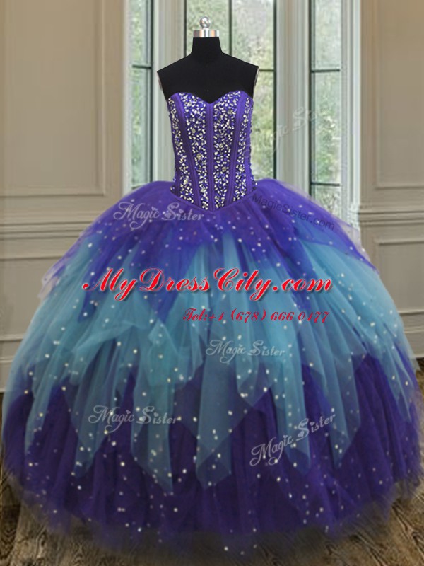 Artistic Sleeveless Lace Up Floor Length Beading and Ruffles and Sequins Sweet 16 Quinceanera Dress