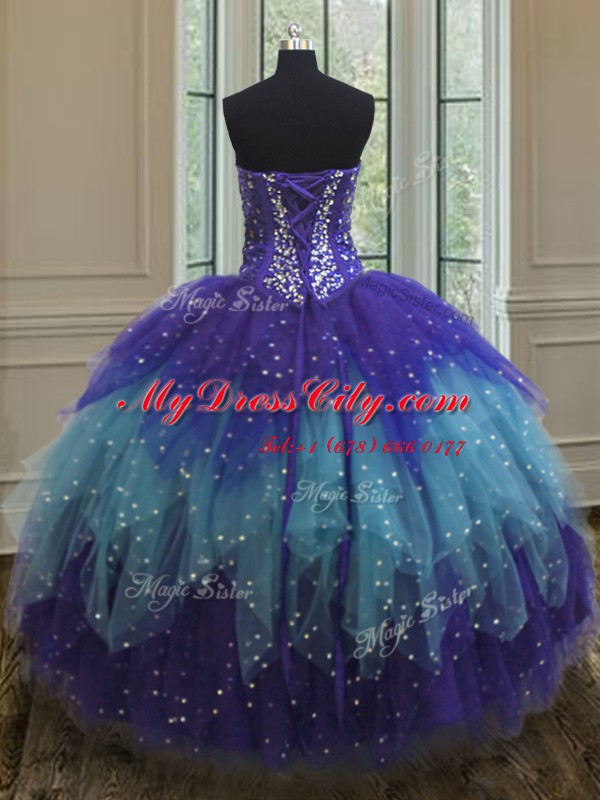 Artistic Sleeveless Lace Up Floor Length Beading and Ruffles and Sequins Sweet 16 Quinceanera Dress