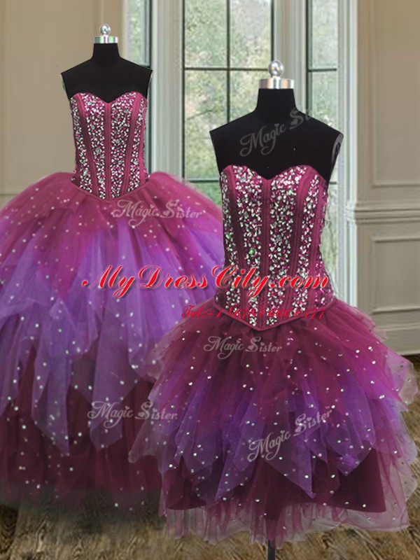 Sumptuous Three Piece Beading and Ruffles and Sequins Ball Gown Prom Dress Multi-color Lace Up Sleeveless Floor Length