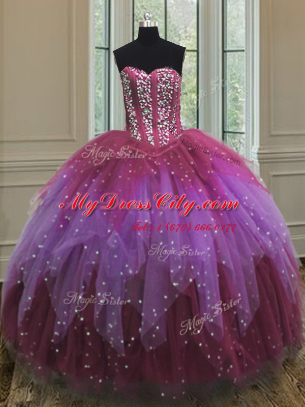 Sumptuous Three Piece Beading and Ruffles and Sequins Ball Gown Prom Dress Multi-color Lace Up Sleeveless Floor Length