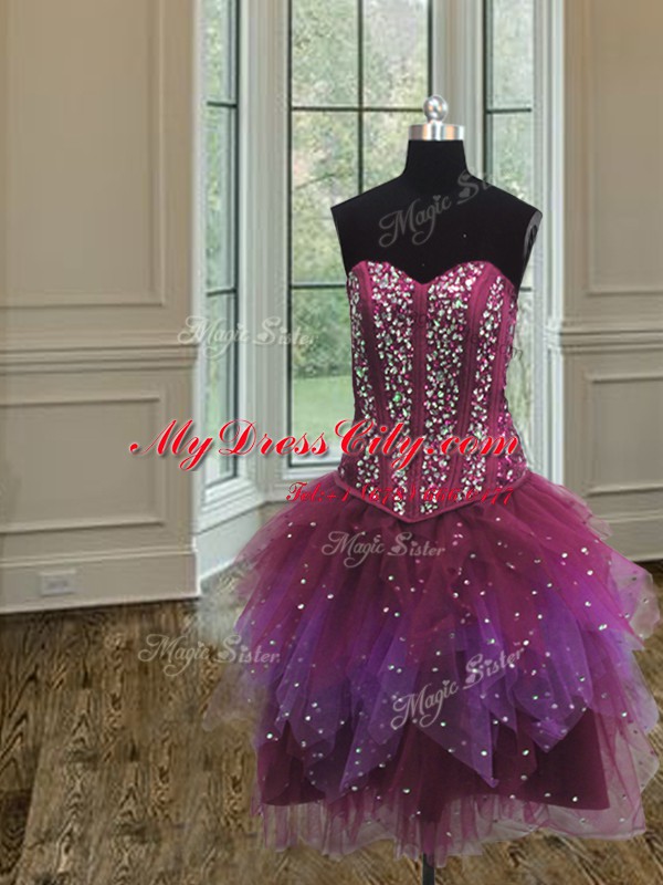 Sumptuous Three Piece Beading and Ruffles and Sequins Ball Gown Prom Dress Multi-color Lace Up Sleeveless Floor Length