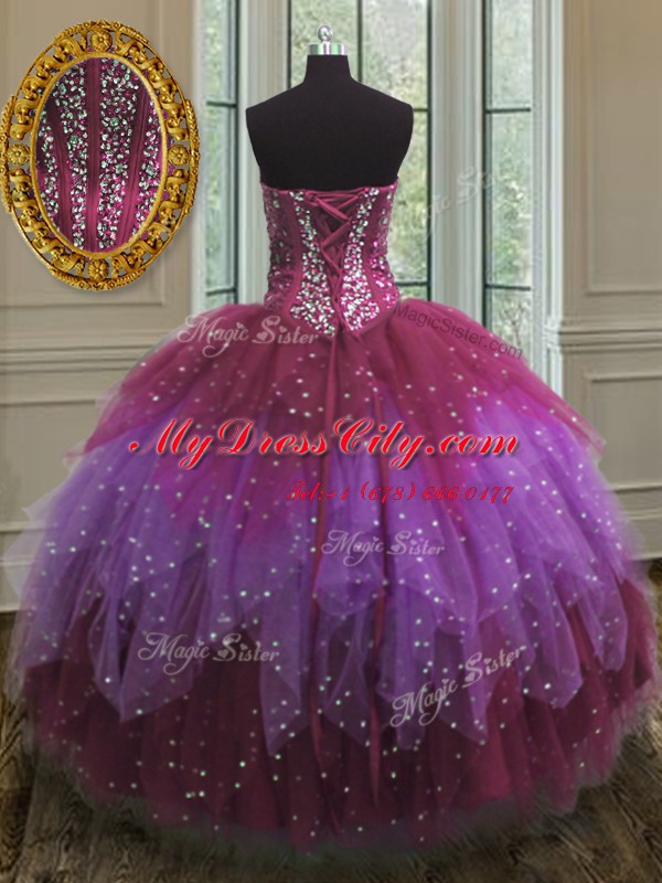 Sumptuous Three Piece Beading and Ruffles and Sequins Ball Gown Prom Dress Multi-color Lace Up Sleeveless Floor Length