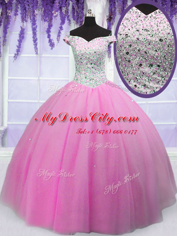 Excellent Ball Gowns Sweet 16 Dress Hot Pink Off The Shoulder Tulle Short Sleeves Floor Length Lace Up