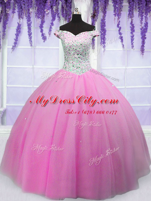 Excellent Ball Gowns Sweet 16 Dress Hot Pink Off The Shoulder Tulle Short Sleeves Floor Length Lace Up