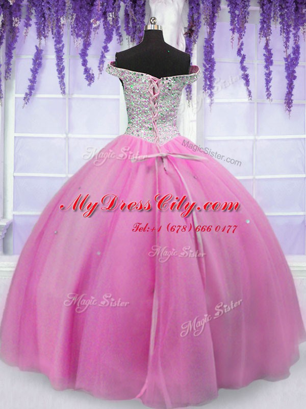 Excellent Ball Gowns Sweet 16 Dress Hot Pink Off The Shoulder Tulle Short Sleeves Floor Length Lace Up