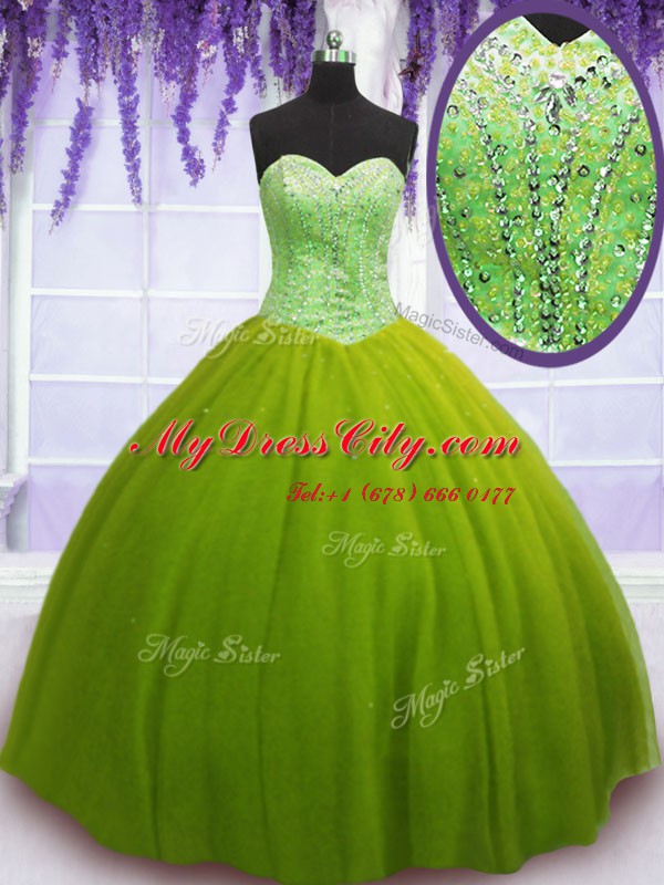 Olive Green Ball Gowns Sweetheart Sleeveless Tulle Floor Length Lace Up Beading Quinceanera Gowns